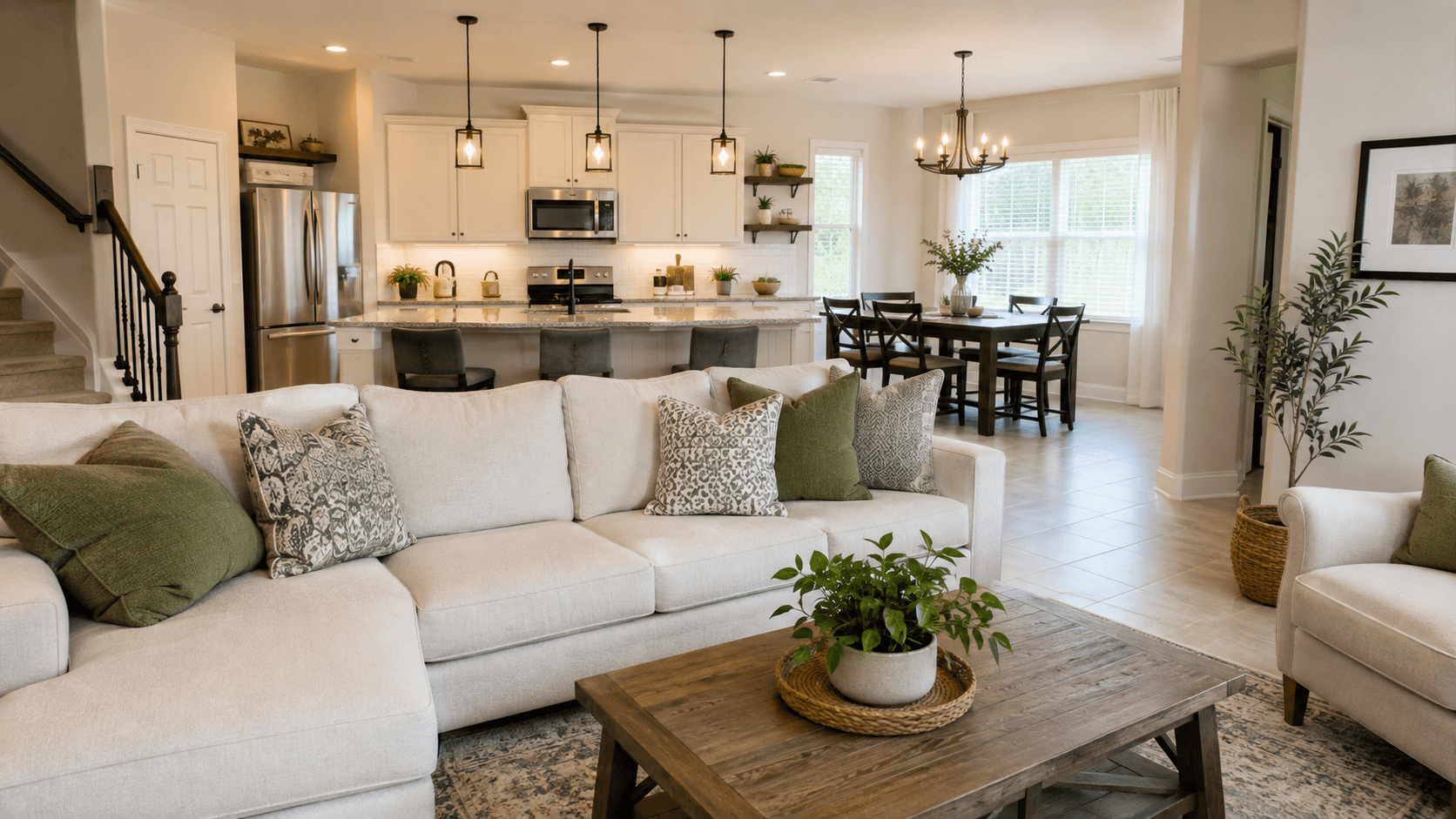 A bright, open Tampa Bay living room and kitchen, freshly cleaned