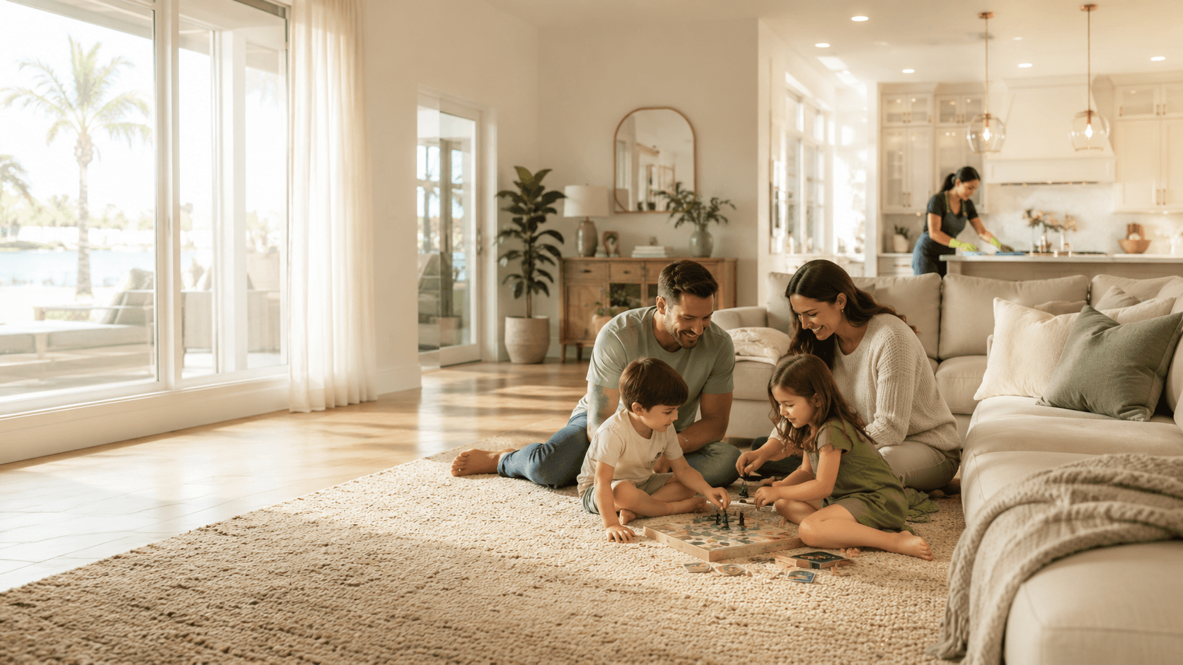 A family relaxing together in their Tampa Bay living room while a Peridot cleaning professional works in the kitchen