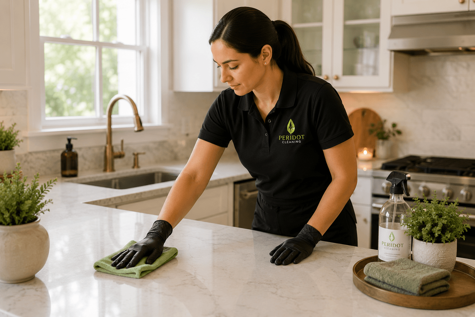 A Peridot cleaning professional wiping down a kitchen counter