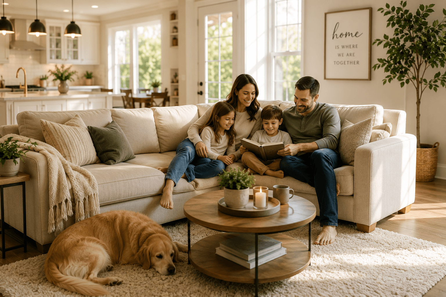 A homeowner and their dog relaxing in a freshly cleaned Tampa Bay living room